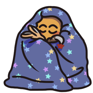someone sitting on a floor wrapped in a light purple blanket with multicolored stars on it, holding a plush yellow bunny and a sock monkey. They have closed eyes and a satisfied expression. 